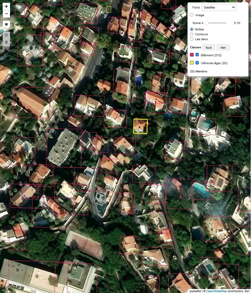 Buildings and vehicles detected in a residential area
