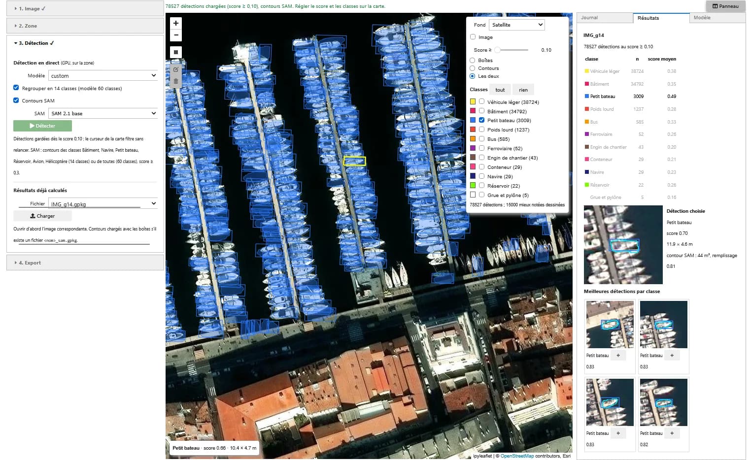 Object detection application: settings panel and map of small boats detected in a marina